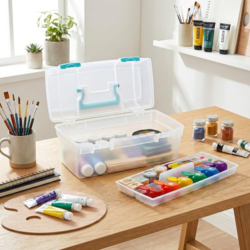 ArtBin Essentials Lift-Out Tray Craft Box with Handle, Clear/Aqua - color: Aqua Mist Latches, size: 13 x 6 x 5.625 inches