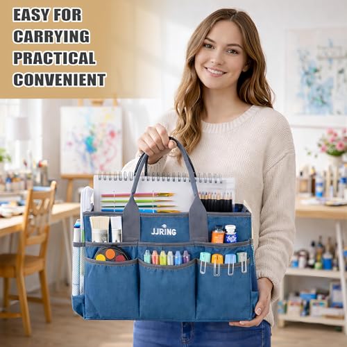 JJRING Large Art Supply Storage Tote Bag With Mesh Pockets, Green - color: Green
