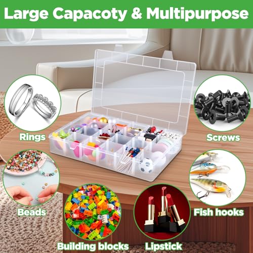 2 Pack 24 Grids Clear Plastic Bead Organizer Box, Fishing Tackle Box Compartment Organizer with Adjustable Dividers for Jewelry, Art Craft, Bead Storage Containers