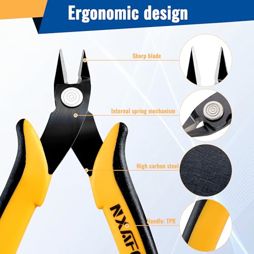 Micro Wire Cutters, 5.4 Inch Flush Cutters, 5 Pack Sharp Spring Loaded Micro Diagonal Cutters for Jewelry, Zip Ties, Electronics & DIY with Soft Grip Handles (Yellow & Black) - color: 5 Pack