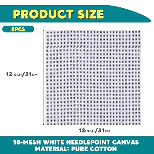 Knitgrip 8 Pack 12 x 12 Inches Needlepoint Canvas 18 Mesh Blank White Canvas Pure Cotton Needlepoint Mesh Twist Interlock for Embroidery DIY Knit Crochet Projects Make Dividers - size: 12 x 12 Inches
