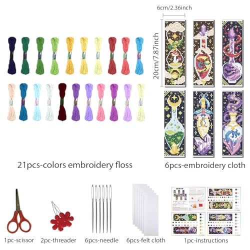 FREEBLOSS 6pcs Potion Cross Stitch Bookmark Kit 11CT Stamped Cross Stitch Kit DIY Embroidery Bookmarks Set with Felts Backing Instructions for Adult Beginners 8"x2.4" - style: Magic