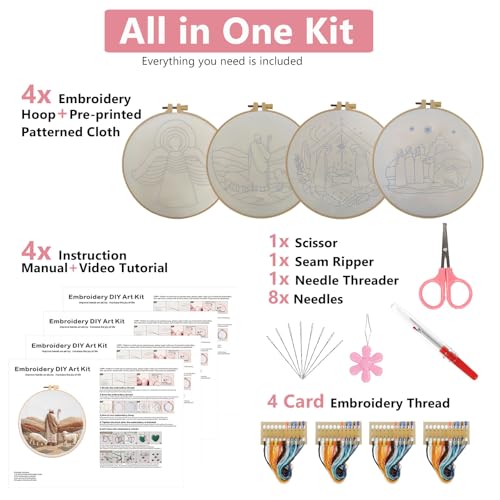 Nativity Embroidery Kit for Adults, Pre-Stamped Pattern Embroidery Kit for Beginners, Needlepoint Kit with Hoop Thread Needle Instruction, 7.9'' Hoop (Nativity 4 Packs) - style: Nativity 4 Packs