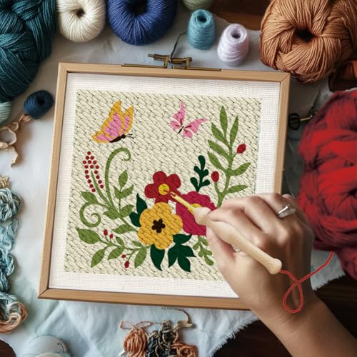 BEUNITONE 2 Sets Flower Punch Needle Kits Butterfly Beginner Punch Embroidery Kits with Frame Embroidery Starter Kits Punch Stitching Kit with Instruction for Wall Hanging Painting 9.4'' x 9.4'' - color: 07-Garland