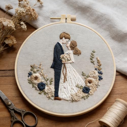 HCANPER Sweet Couple Embroidery Starter Kit, Valentine's Day Gifts，DIY Needle Punch Kit, Punch Needle Kits for Beginners,Include Pre-Printed Fabric,Tools,Embroidery Hoop,Threads. (One) - color: One