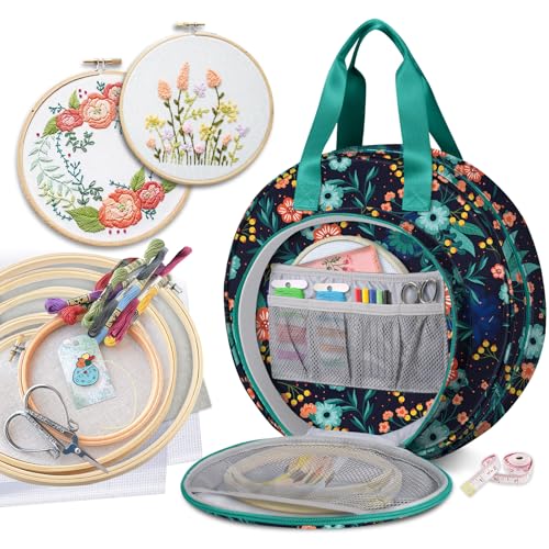 FINPAC Embroidery Project Bag, Embroidery Kits Storage Carrying Tote Bag - color: Navy Bloom