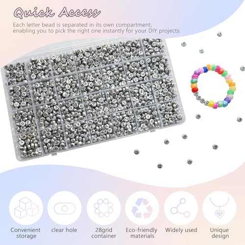 Looconi 1400pcs Letter Beads Silver 7x4mm Black on Silver for Jewelry Making Bracelet Hair Braids Crafts - color: Silver, size: 7x4mm