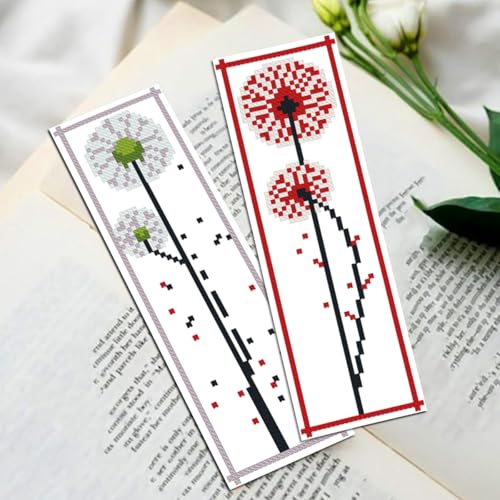 Zhenqing Dandelion Stamped Cross Stitch Bookmark Kit, 6 Floral Designs for Beginners, Book Lover Gift - color: Dandelion Bookmark