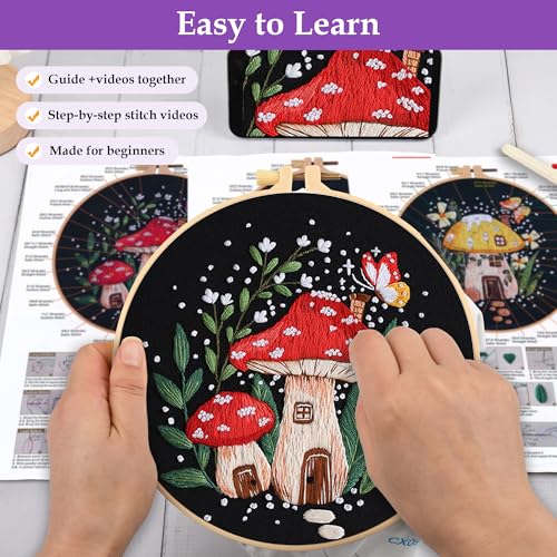 Uniartfy 3 Sets Embroidery Kit for Adults Beginners, Needlepoint Kits Cross Stitch, Hand Embroidery Starter Kit with Mushroom Stamped Patterns, Hoop, Tools, Colorful Threads with Needles, Instructions - color: Embroidery Kit-L