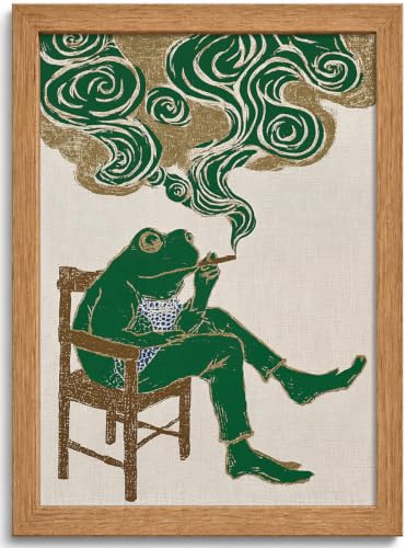 Framed Funny Smoking Frog Canvas Wall Art for Bathroom Men's Cave Decor - color: Frog Smoking, size: 16"L x 12"W