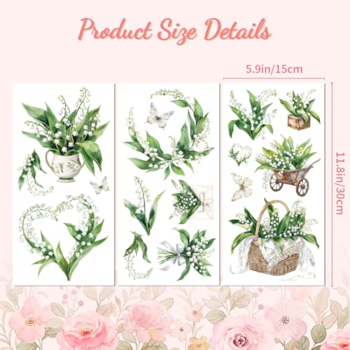 Peacoblue Rub on Transfer Decal Sticker for Furniture Craft Decor 6"x12" Lily of The Valley, 3Pcs Waterproof UV DTF Transfer for Drawer Dresser Glass Porcelain Wood Plastic - style: Lily of The Valley