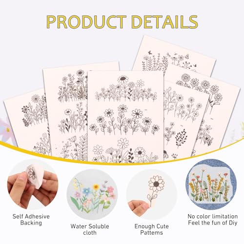 Water Soluble Embroidery Patterns Paper, 6 Sheets Stick and Stitch Embroidery Papers Wash Away, Flower Daisy Patterns, Pre - Printed for Customized Gift for Hand Sewing Lover Beginners