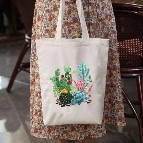 KABAKE Canvas Tote Bag Embroidery Kit for Beginners, Arts and DIY Crafts Starter Kit, Includes Stamped Bag, Threads, Tools (Beige With Cactus) - color: Beige Bag with Cactus