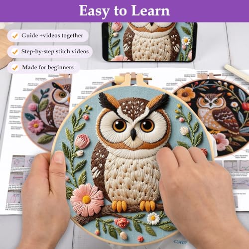 Uniartfy 3 Sets Embroidery Kit for Beginners with Owl Flower Pattern, Hand Needlepoint Kits for Adults, Embroidery Starter Kits with Hoops, Step by Step Video & Instructions, DIY Cross Stitch Kit - color: Embroidery Kit-H
