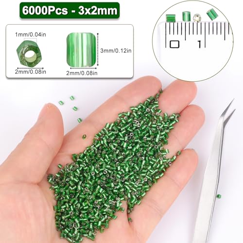 6000pcs Dark Green Bugle Beads Bulk, Embroidery Tube Short Beads for Jewelry Making, Bracelet,Necklaces Supplies,Craft DIY(3x2mm) - color: Dark green