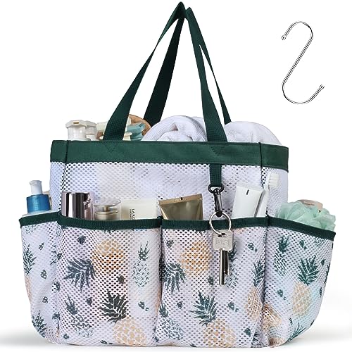 F-color Shower Caddy Portable - Mesh Shower Bag Basket Tote for College Dorm Room Essentials Bathroom Gym Camp Quick Dry for Women Men with S Hook, Green Pineapple - color: Green Pineapple, size: L (Classic Dorm Caddy)