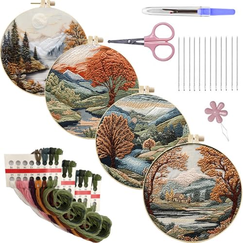 SCECALA 4 Pack Fall Forest Tree Embroidery Kit for Beginners - color: White