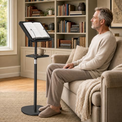 Snughome Floor Book Stand with Tray, Height Adjustment 21"-51", Black - color: Black