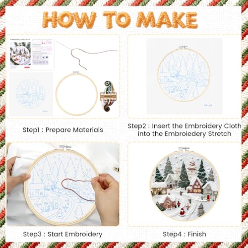 Christmas Embroidery Kit for Adults and Beginners, Christmas Gnomes Embroidery Kits Cross Stitch Kits with Pattern, Cotton, Threads, Needles & Instruction (4Pcs B) - color: 4 Pcs, Stocking+Fireplace+Truck+Candy Cane