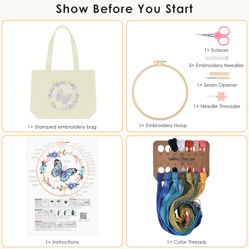 ERKOON Canvas Tote Bag Embroidery Kit for Beginners, Floral Arts Crafts Cross Stitch Kits for Adults Including Stamped Embroidery Bag with Hoops, Needle, Instruction and Color Threads (Butterfly) - color: Butterfly-White