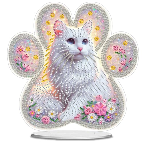 POETRYDRAW Diamond Art Ornament Desktop Kit Cat Flower, Stand Up Diamonds Painting Ornament for Adults, 5D DIY Special Diamond Gem Craft Tabletop Placement Board Kit - color: Cat Flower