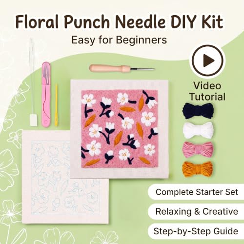 Embroidery Punch Needle kit Frame, Embroidery Starter Kits for Beginner,Punch Needle Fabric with Pattern,Threader, Yarns,Embroidery Hoops & Rug Punch(Pinksh White) - color: Pinksh white