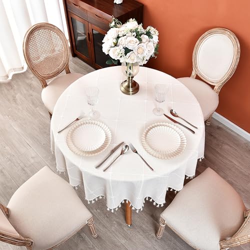 Plaid Round Tablecloth 60 Inch Cotton Linen Round Table Cloth - color: Off-white, size: 60" (Round)