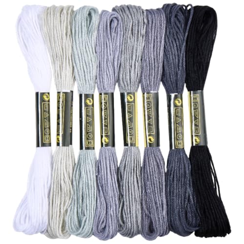 8 Skeins Embroidery Thread Friendship Bracelets String Cross Stitch Threads Cotton Floss Yarn 6 Ply 65yard 1.2mm for DIY Jewelry Making Sewing Needlework Knitting Stitching Craft Supply Gray - color: Gray