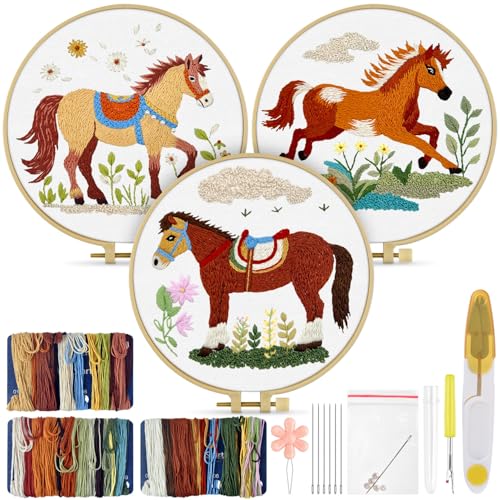TINDTOP Embroidery Kit for Adult, 3 Pack Embroidery DIY Starter Kit - color: Horse