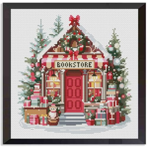 Christmas Bookstore Stamped Cross Stitch Kits for Adults Beginners 14x14 in - color: Christmas bookstore Cross Stitch