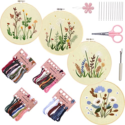 Bonroy 4 Sets Embroidery Set for Beginners, Art Craft, Easy Sewing Embroidery Kit Includes Embroidered Clothes with Patterns, Embroidery Hoops, Instruction Manual, Colorful Stitch Set (2 Most) - color: flowers 2