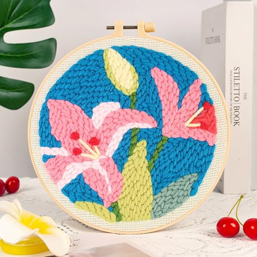 Woohome Punch Needle Kit Included Plastic Hoops, Punch Needle Cloth, Color Yarn and Punch Needle Tools for Adults, Beginners (Chrysanthemum, Lotus, Lily) - color: Color 16