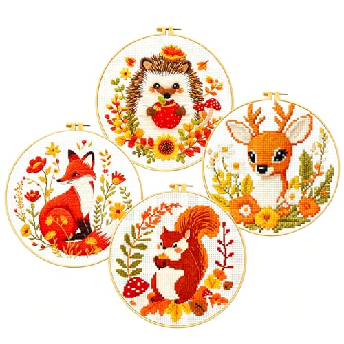 Zhenqing Autumn Animals Cross Stitch Kit - 4-Piece Set with Pre-Printed 11CT 24x24cm Fabric, Hoop & Tools, Fall Theme Animal Designs for Beginners (70412) - color: 70412