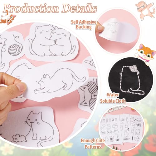 Magibeads 57 Patterns Cat Water Soluble Embroidery Patterns Kitten Paw Print Cartoon Animal Pet Stick and Stitch Transfer Embroidery Paper for Hand Sewing Beginners Starter Adult - color: Cat
