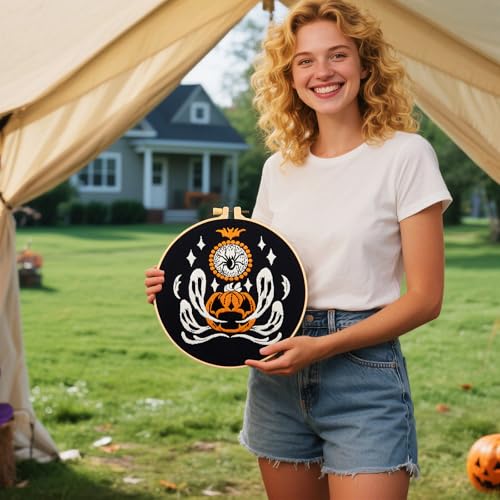 Halloween Embroidery Kits for Beginners Adults, Ghost Embroidery Starter Kits, Halloween Cross Stitch Kits for Beginners Adults Hobbies for Women, Embroidery Fabric, Threads, Hoops and Video Tutorial - color: H2010