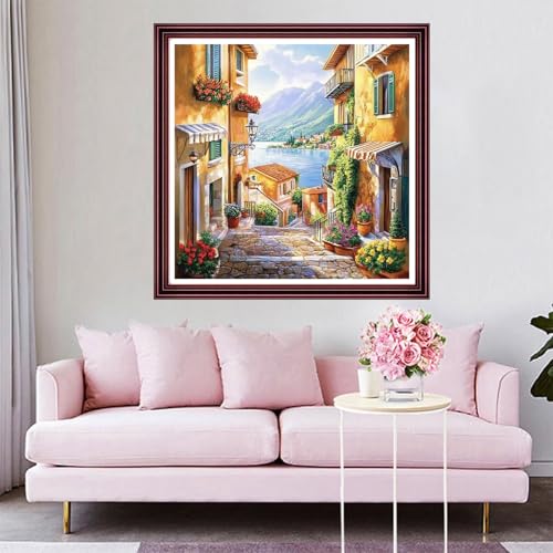 Funchey Counted Cross Stitch Kits for Adults Needlepoint Kits Unprinted Cross Stitching Embroidery Kit 11CT Cross Stitch Supplies-Small Town Flower Street Scenery 18x18 inch - color: ArtsKit45