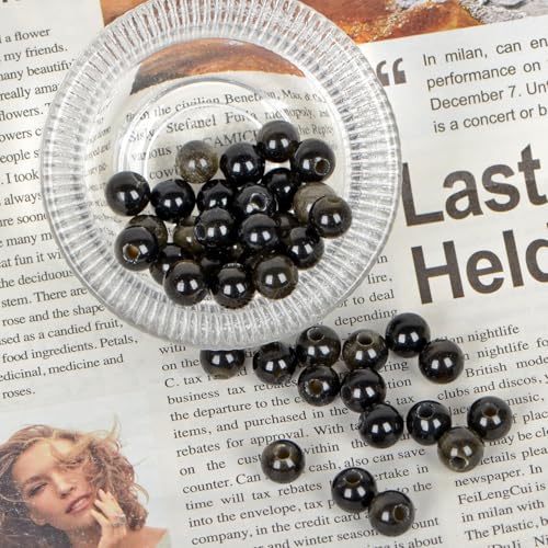 AD Beads Natural Gemstone 8mm Round Loose Beads Big Hole 2.5mm Sized 40pcs (Black Obsidian) - color: Black Obsidian