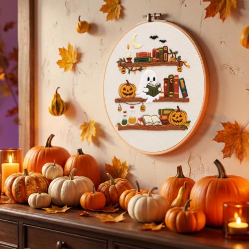 Nuberlic Halloween Ghost Reading Embroidery Kit for Beginners - color: HALLOWEEN