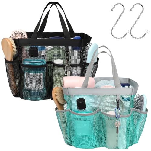 Mesh Shower Caddy Portable - 2 Packs, S-Hook, Shower Bag for Dorm Camping - color: 2 Pack, Black & Mint Green, size: L (Classic Dorm Caddy)