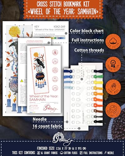 Povitrulya Cross Stitch Bookmark Kit Wheel of the Year: Samhain – Counted DIY Embroidery Set for Adults & Beginners, Witchy Pagan Wiccan Celtic Norse Needlework Gift - color: Samhain