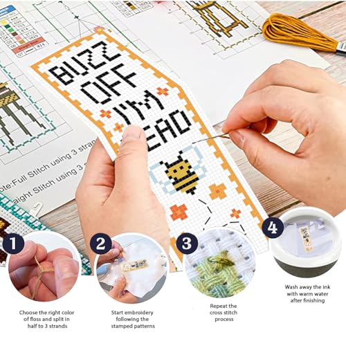 FREEBLOSS 6 Set Cross Stitch Bookmark Kits Insect Pattern Bookmark Cross Stitch Kits with Instructions Punch Needle Embroidery Kit for Beginners, Handmade Bookmarks for Book Lover Reading Day Gift