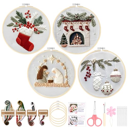 Christmas Embroidery Kit for Adults and Beginners, Christmas Gnomes Embroidery Kits Cross Stitch Kits with Pattern, Cotton, Threads, Needles & Instruction (4Pcs D) - color: 4 Pcs, Stocking+Fireplace+Nativity Manger+Holly