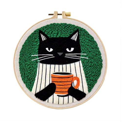 CELCRAFTIQUE Punch Needle Kits for Adults Beginner, Tool with Punch Needle Fabric, Hoops, Yarns and Sewing Needles (Coffee Cat) - color: Coffee Cat