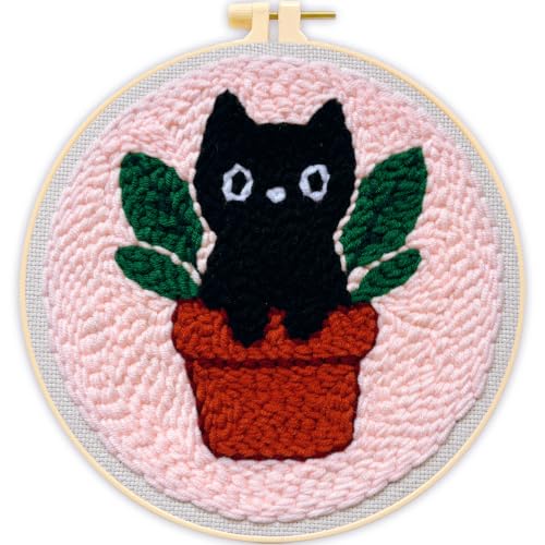 Punch Needle Kit for Beginners Adults Plant Cat, with Embroidery Hoop - color: Punch Needle kit-Plant Cat