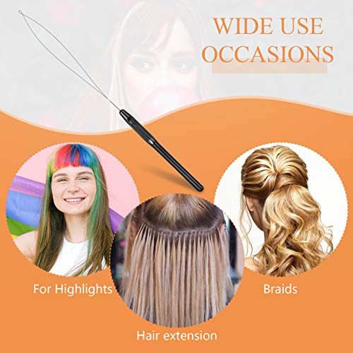30 Pieces Hair Extension Loop Needle Threader Wire Pulling Hook Tool and Bead Device Tool Plastic Loop Needle for Hair or Feather Extensions Supplies, DIY, Black