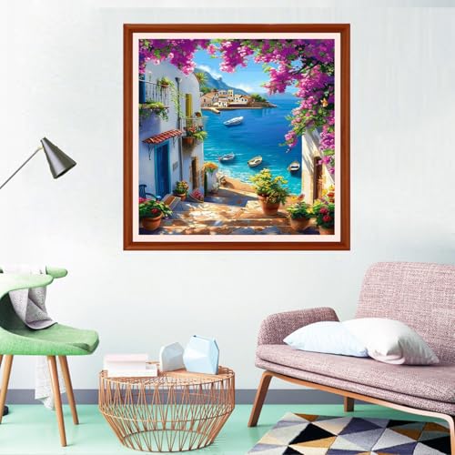 Redxing Counted Cross Stitch Kit for Beginners,Unprinted Needlepoint Kits for Beginners Cross Stitching Embroidery Kit 11CT Stitches kit-Seaside Floral Scenery 18x18 inch - color: Setpattern24