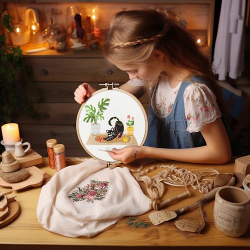 Bonroy 4 Sets Embroidery Set for Beginners, Art Craft, Easy Sewing, Includes Embroidery Clothing, Pattern, Embroidery Hoop, Instruction Manual, Colorful Thread Stitch Set (Cat) - color: Cat