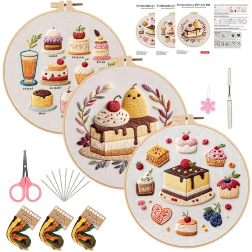 FEIYUENO 3 Sets Cake Pattern Embroidery Kit for Beginner Adults - color: Cake