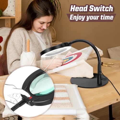10X Magnifying Glass with Light and Stand, 5 Color Modes Stepless Dimmable LED Lighted Desk Lamp, Hands Free Magnifier with Flexible Goose-Neck for Craft Hobby Painting Sewing Close Work - color: Black, size: 10X-12.6in