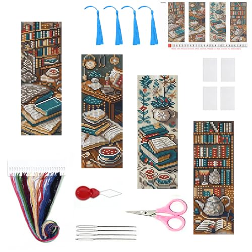 14CT Blue Bookshelf Counted Cross Stitch Bookmark Kit for Adults Beginners - color: SQJ001-01